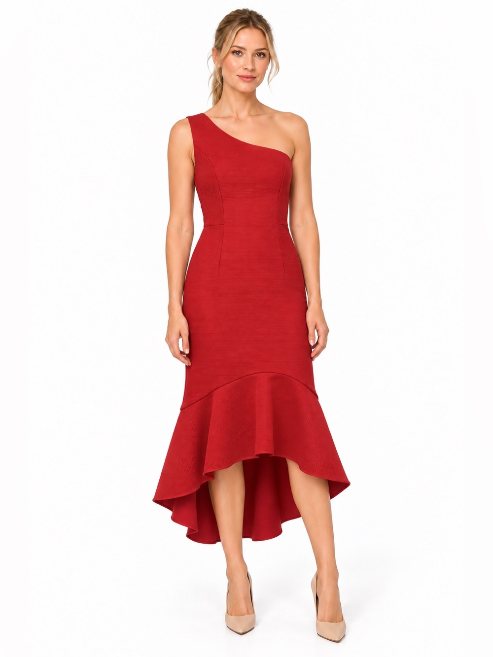 Adrianna Papell Red One Shoulder High Low Midi Dress SZ 4 NWT Cocktail MOB GALA